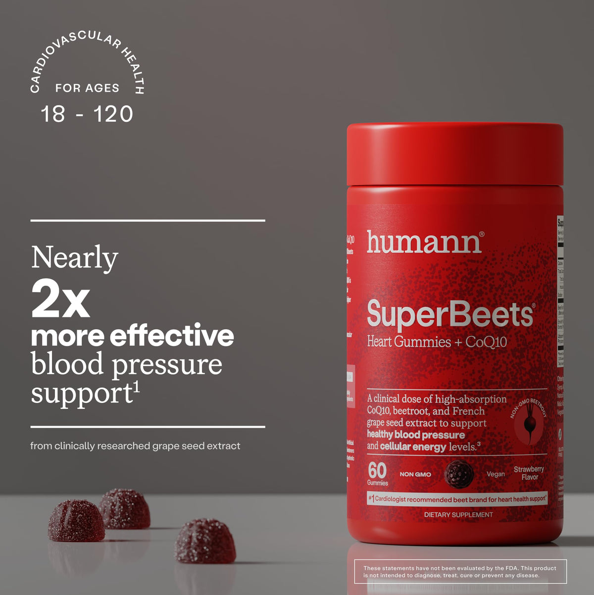 HumanN SuperBeets 5-in-1 Heart Gummies + 3X Absorption 150mg CoQ10, 60 Ct